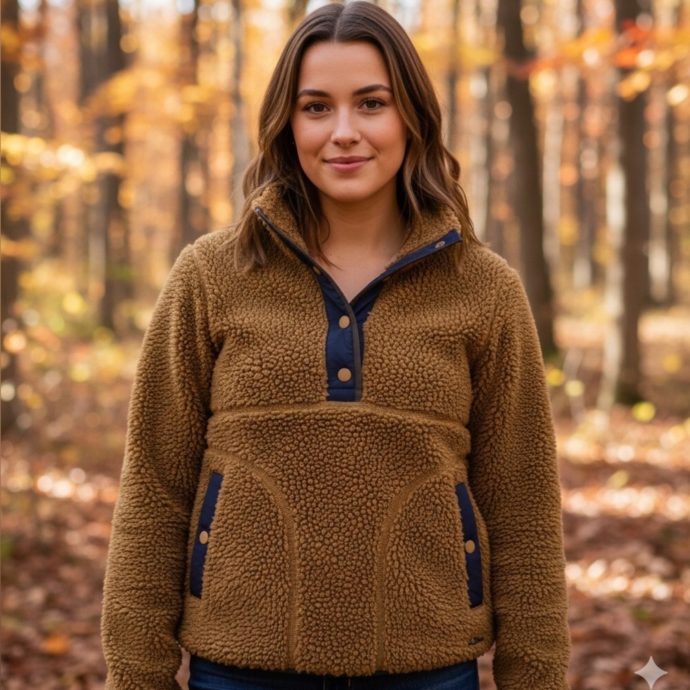 L.L. Bean Mustard Sherpa Pullover Quarter Snap with Navy Detail Size Small